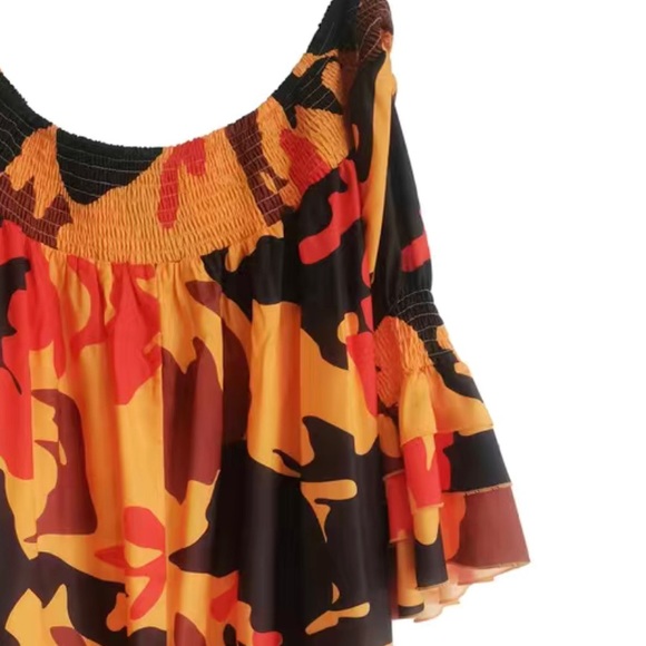 Plus Abstract Print Shirred Off Shoulder Layered Sleeve Slight Stretch D… - Picture 7 of 11